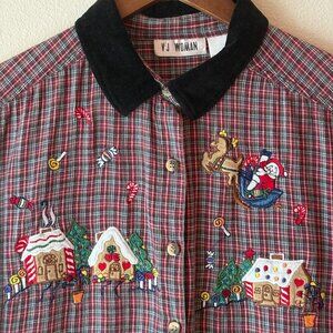 VTG Ugly Christmas Plaid Button Down Shirt Red Black Ginger Bread Houses Sz 22W